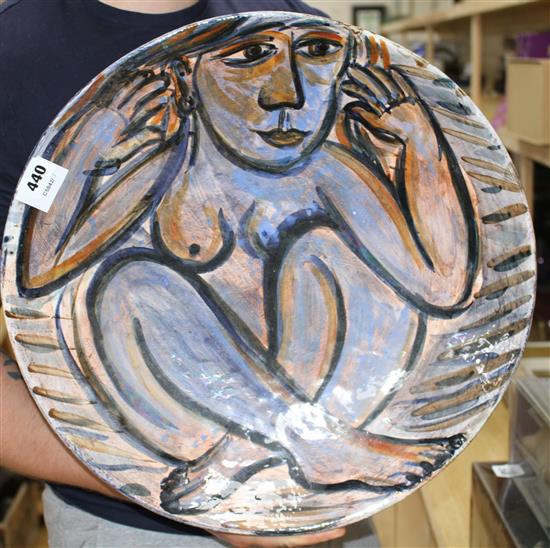 Eileen Cooper. A Studio ceramic bowl depicting a seated female nude, signed and dated 1999 verso, diameter 44.5cm